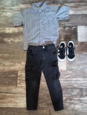 Vans Black Kids Sneakers with Light Blue Patterned Button Shirt